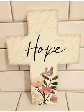 Cross Wall Decor Wood Hope Floral Free Standing 12" by 10" inches White Pink